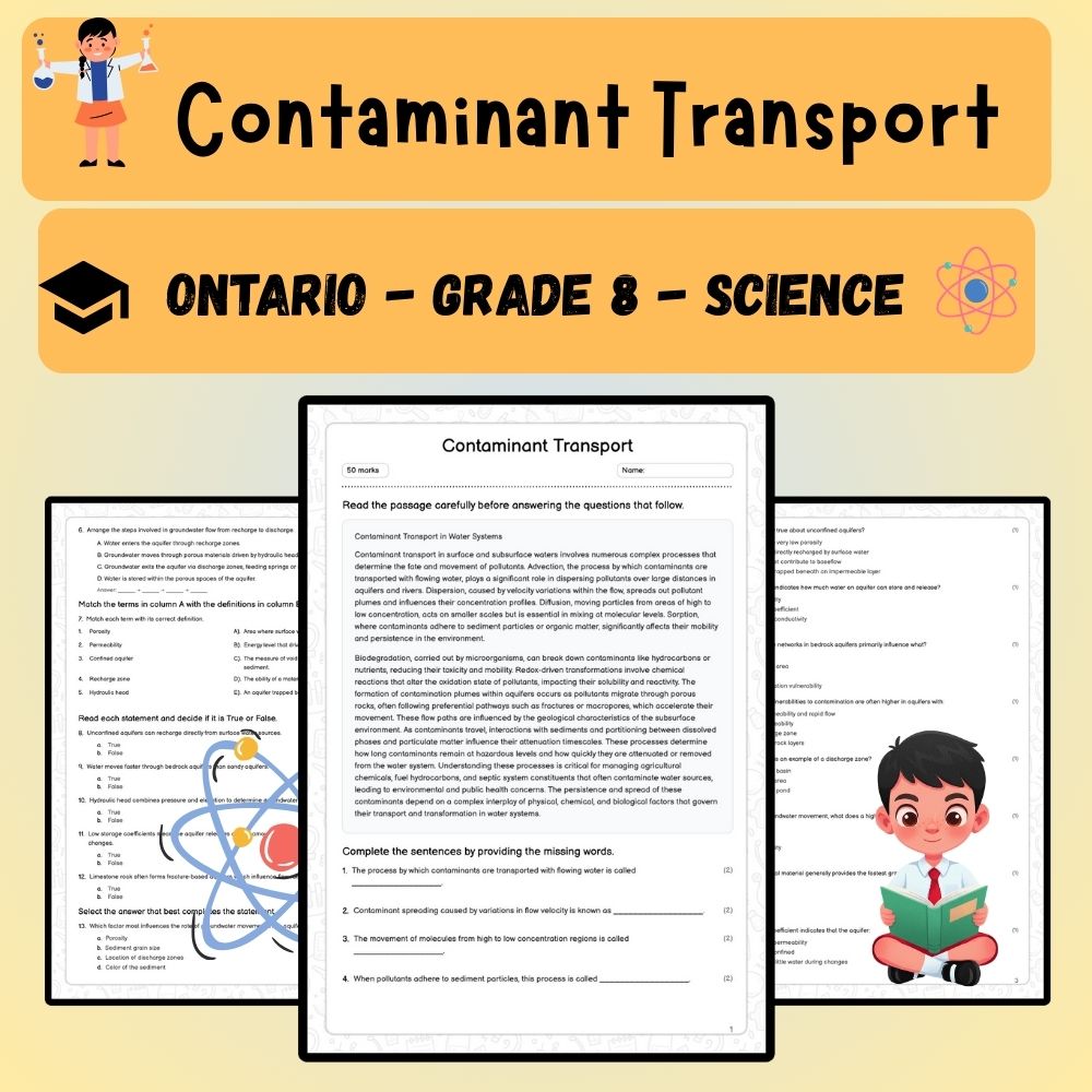 Grade 8 Science worksheet worksheet — Grade 8 Science | Contaminant Transport Worksheet (PDF ) – Ontario Standards — page 1
