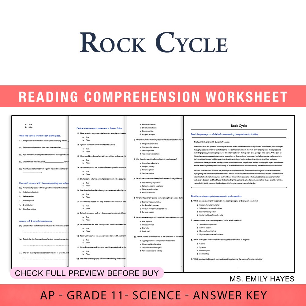 Grade 11 Science worksheet worksheet — 11th Grade Science | Rock Cycle Worksheet (PDF+ Answer Key) — page 1