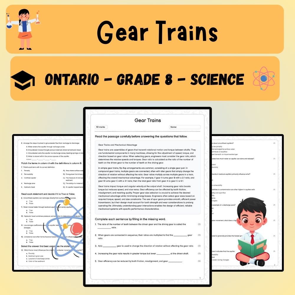 Grade 8 Science worksheet worksheet — Grade 8 Science – Gear Trains Worksheet (PDF ) with Answer Key — page 1