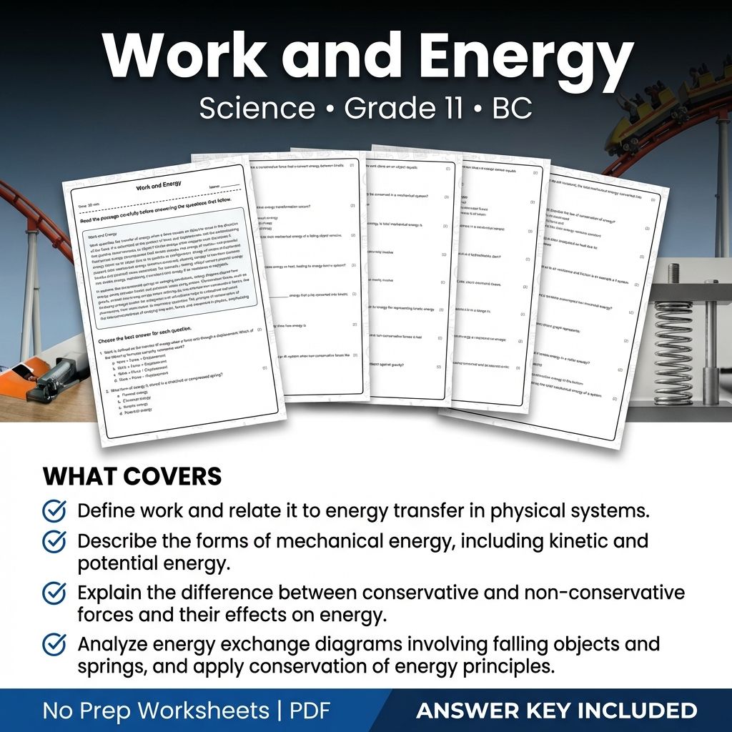 Work and Energy Worksheet for Grade 11 Science – Standard BC Practice