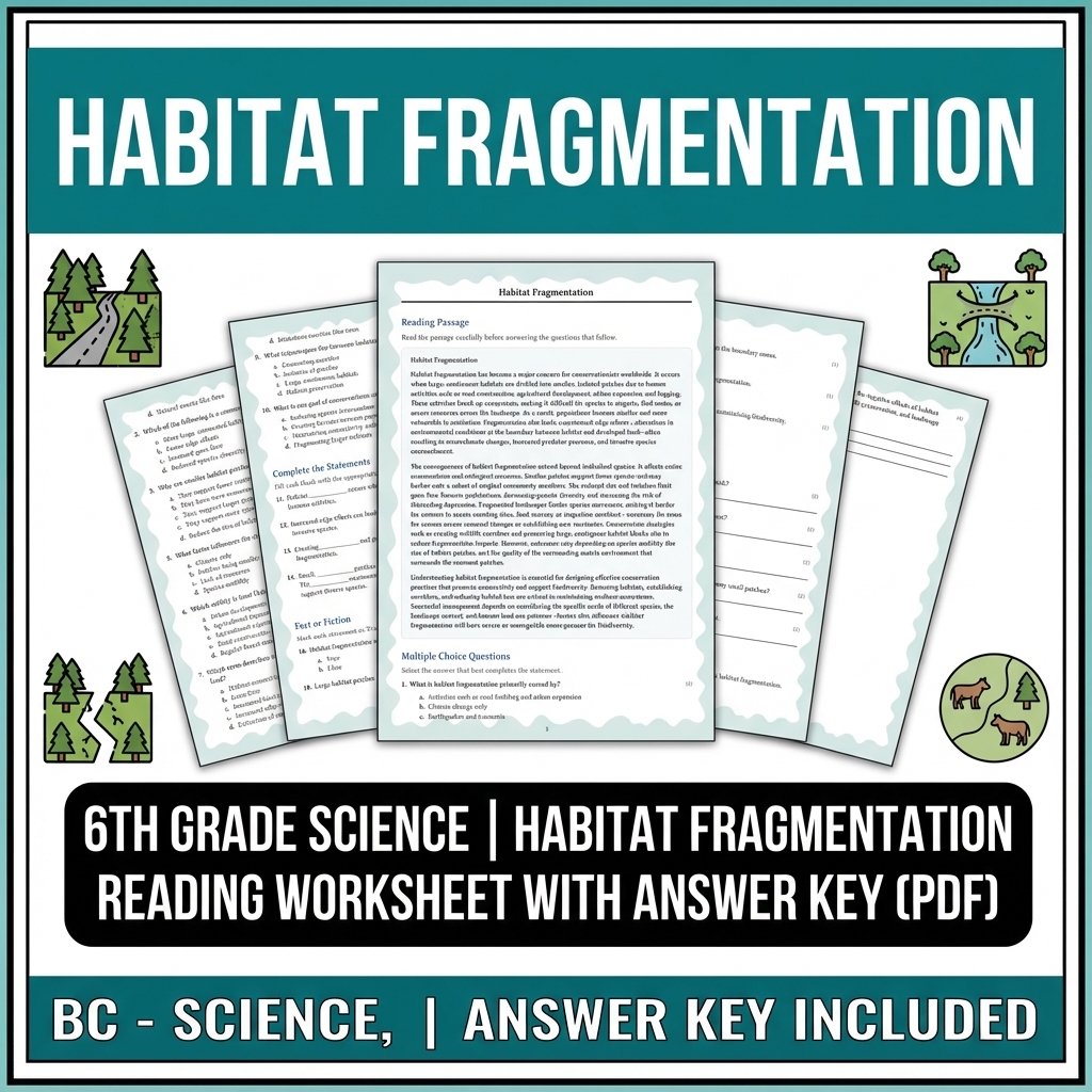 6th Grade Science | Habitat Fragmentation Reading Worksheet with Answer Key 