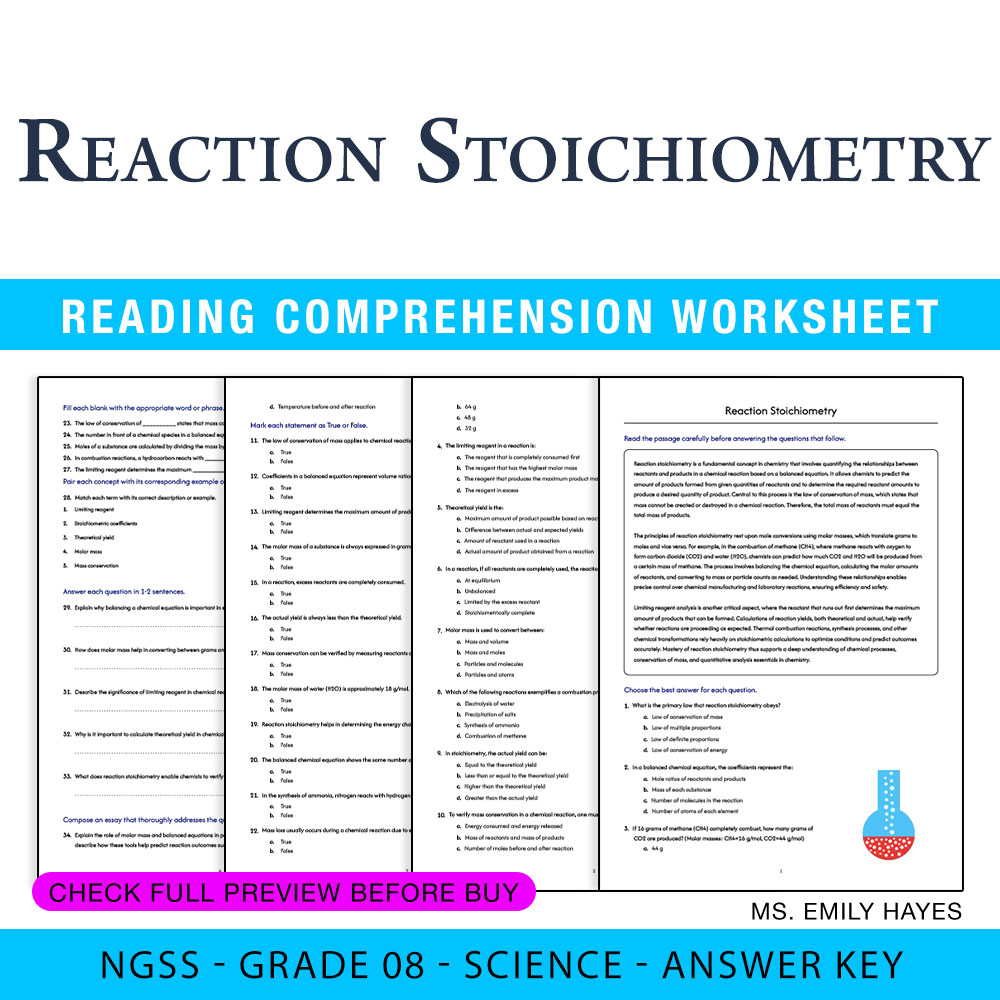 9th Grade Science | Reaction Stoichiometry Worksheet (PDF+ Answer Key)