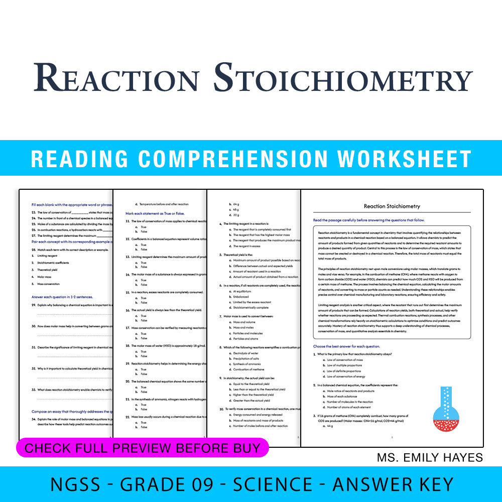 Grade 9 Science — worksheet — 9th Grade Science | Reaction Stoichiometry Worksheet (PDF+ Answer Key) — page 1
