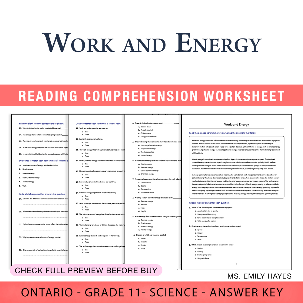 Grade 11 Science worksheet worksheet — Grade 11 Science | Work and Energy Worksheet (PDF + Answer Key) — page 1