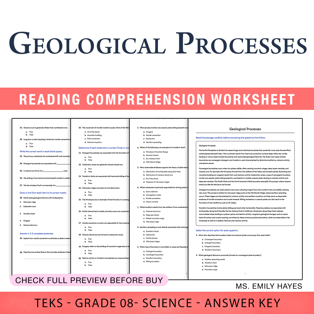 Grade 8 Science worksheet worksheet — Grade 8 Science | Geological Processes Worksheet (PDF+ Answer Key) — page 1