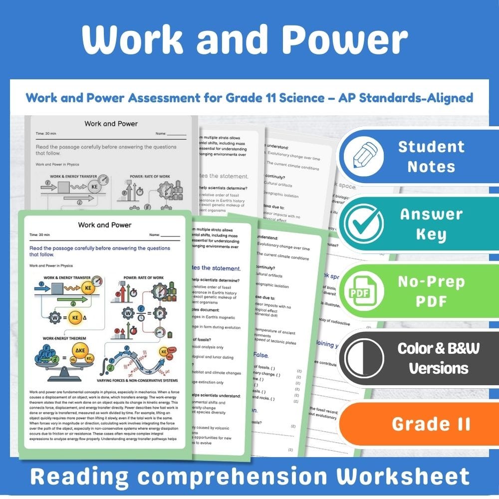 Grade 11 Science assessment worksheet — Work and Power Assessment for Grade 11 Science – AP Standards-Aligned — page 1