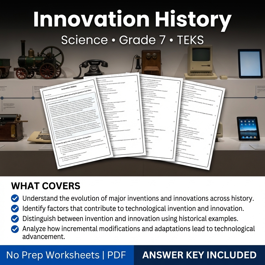 Grade 7 Science Worksheet on Innovation History | TEKS Standards Practice