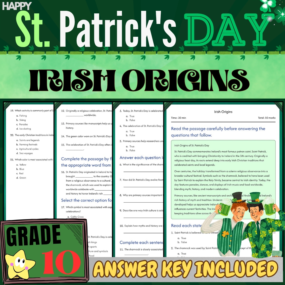Grade 10 Seasonal – St. Patrick's Day Worksheet for Irish Origins|PDF+Answer Key