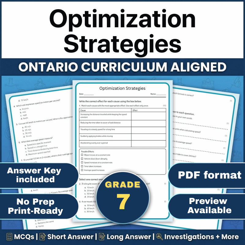 Grade 7 Science | Optimization Strategies Worksheet (Ontario) (PDF)