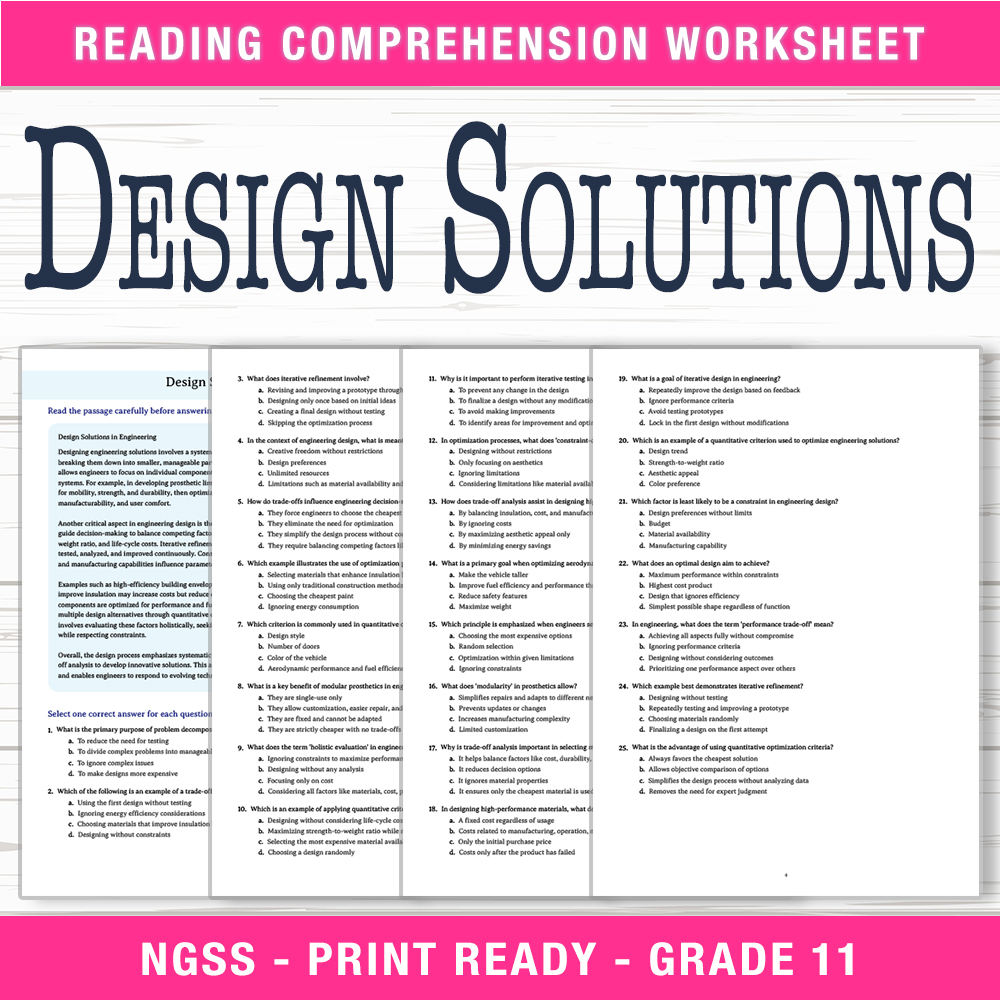 Grade 11 Science worksheet worksheet — Grade 11 Science | Design Solutions Worksheet (PDF + Answer Key) — page 1