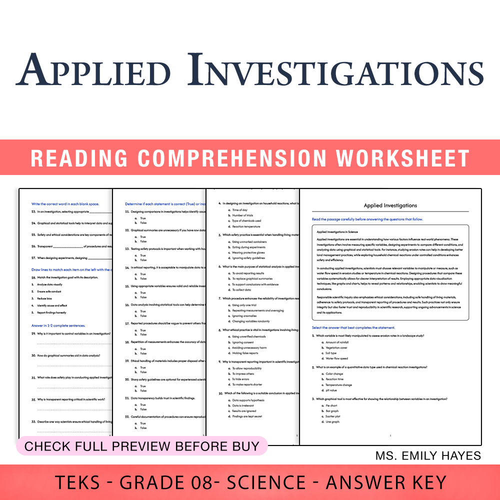 Grade 8 Science worksheet worksheet — 8th Grade Science | Applied Investigations Worksheet (PDF+ Answer Key) — page 1