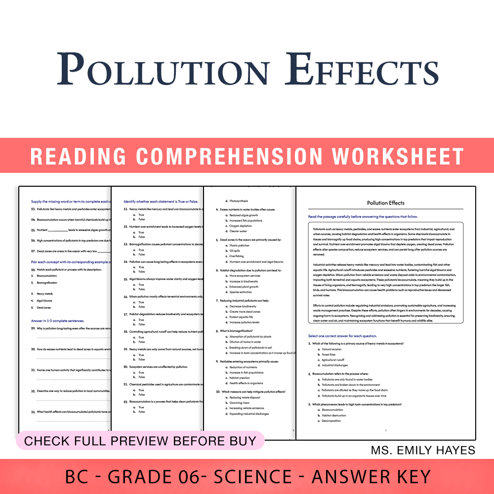 Grade 6 Science worksheet worksheet — 6th Grade Science | Pollution Effects Worksheet (PDF+ Answer Key) — page 1