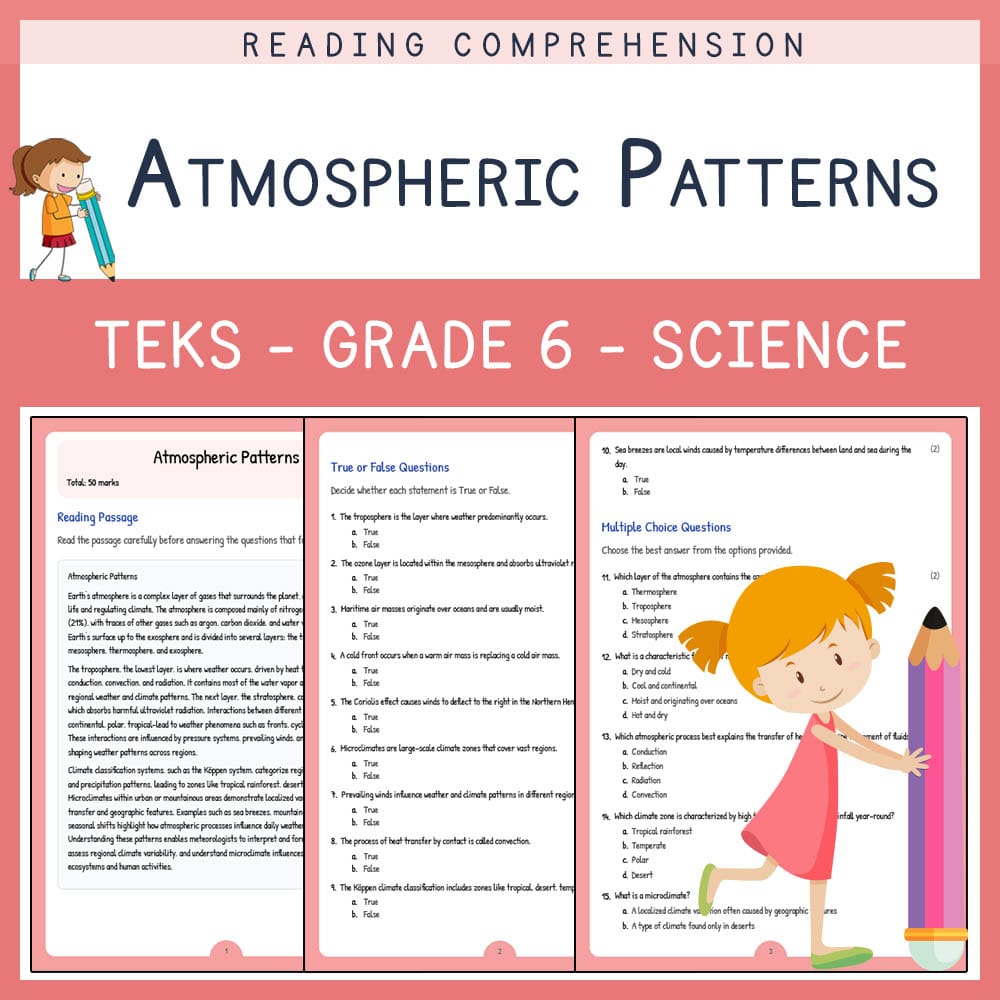 Grade 6 Science worksheet elena worksheet — Grade 6 Science | Atmospheric Patterns Worksheet | TEKS Alligned — page 1