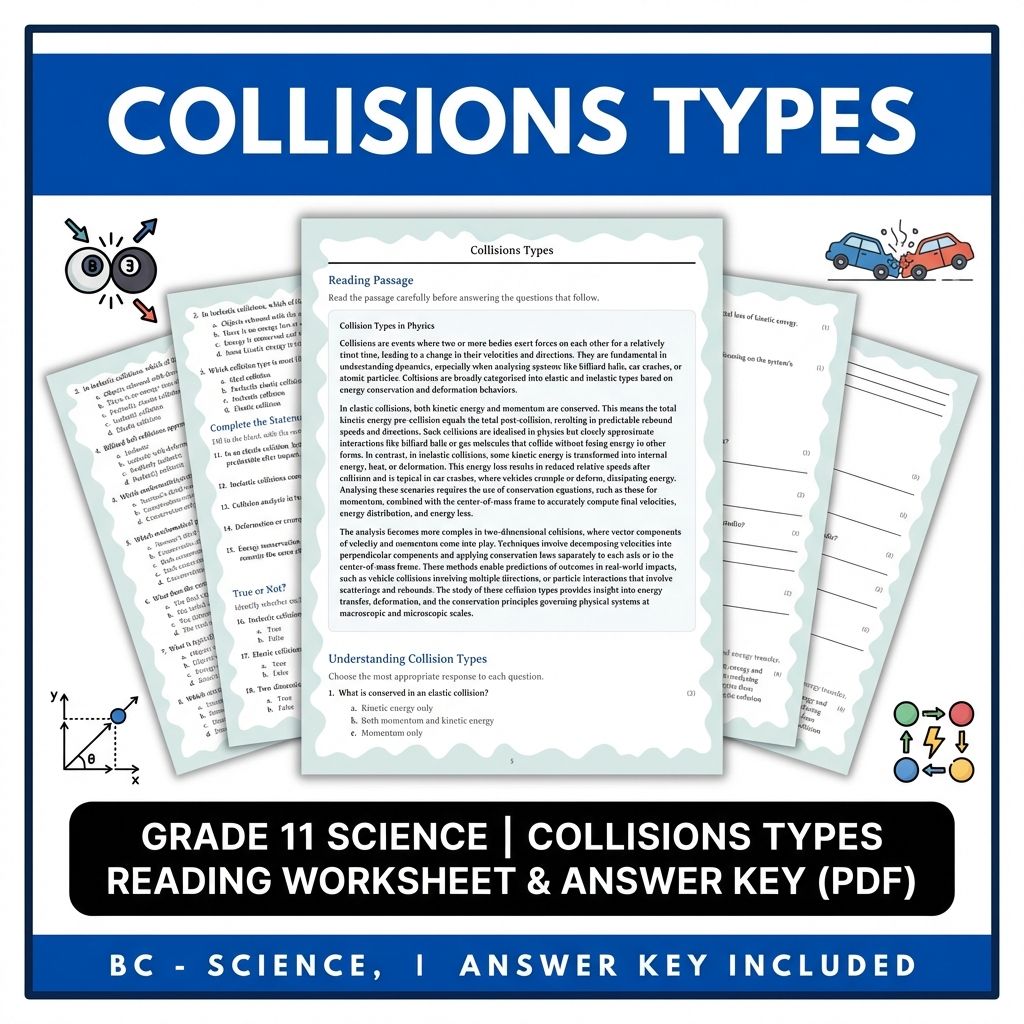 Grade 11 Science | Collisions Types Reading Worksheet & Answer Key (PDF)