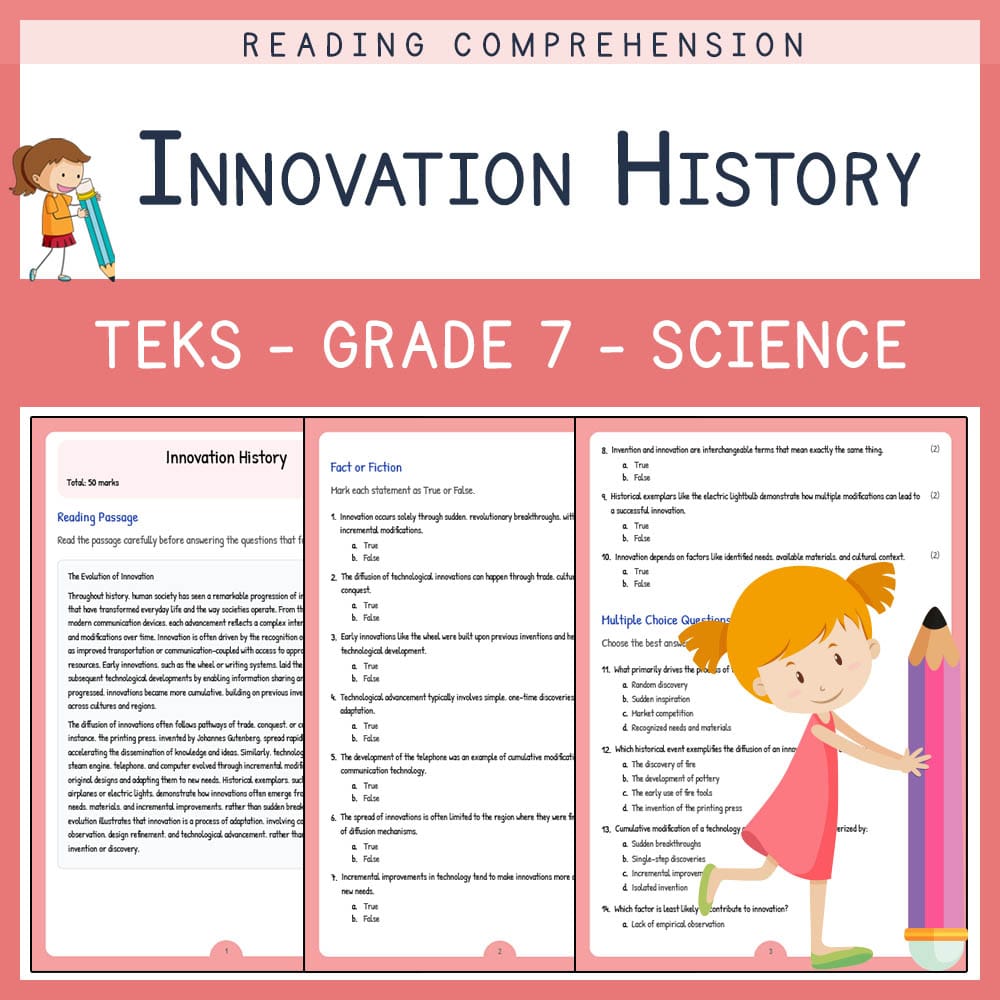 Grade 7 Science worksheet elena worksheet — Grade 7 Science | Innovation History Worksheet | TEKS-Aligned — page 1