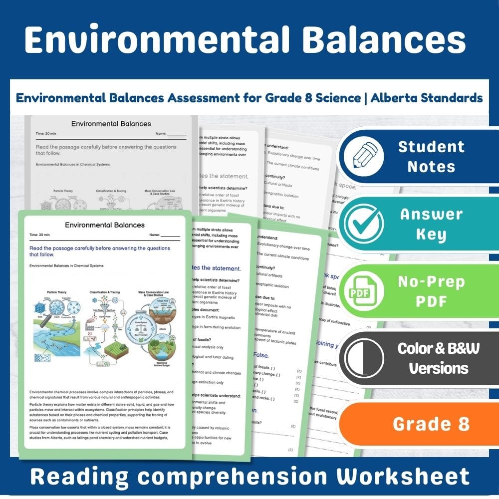 Grade 8 Science assessment worksheet — Environmental Balances Assessment for Grade 8 Science | Alberta Standards — page 1