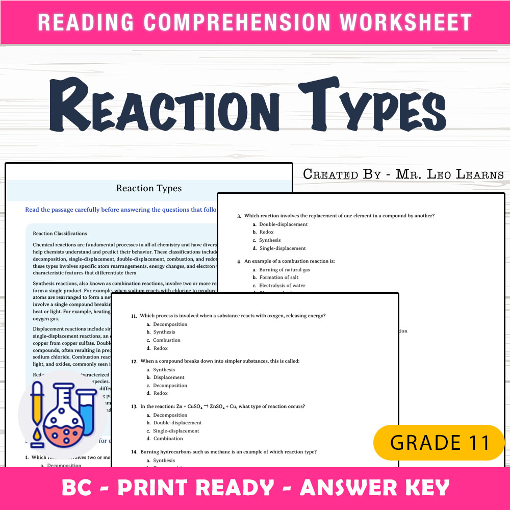 Grade 11 Science worksheet mcq paper worksheet — Grade 11 Science — Worksheet MCQ Paper for Mastering Reaction Types — page 1
