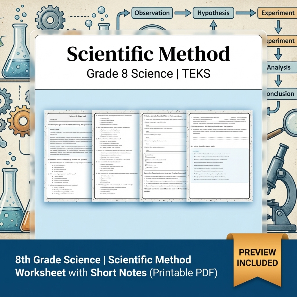 8th Grade Science | Scientific Method Worksheet with Short Notes (Printable PDF)