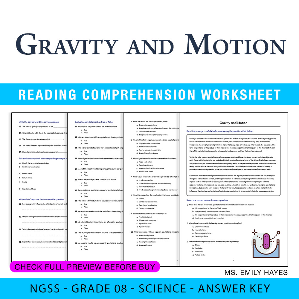 Grade 8 Science worksheet worksheet — 8th Grade Science | Gravity and Motion Worksheet (PDF+ Answer Key) — page 1