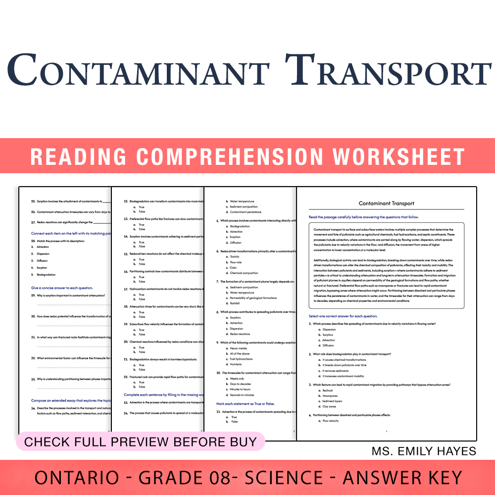 Grade 8 Science — worksheet — 8th Grade Science | Contaminant Transport Worksheet (PDF+ Answer Key) — page 1
