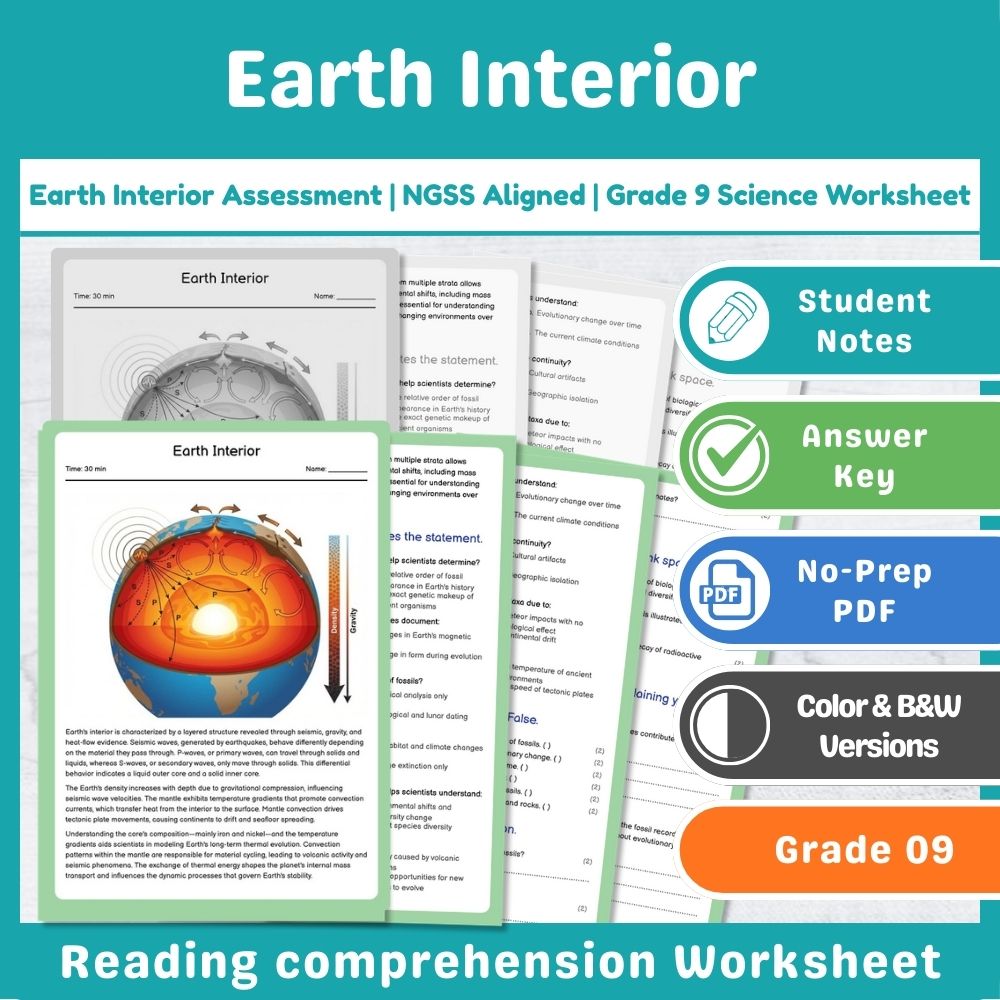 Earth Interior Assessment | NGSS Aligned | Grade 9 Science Worksheet