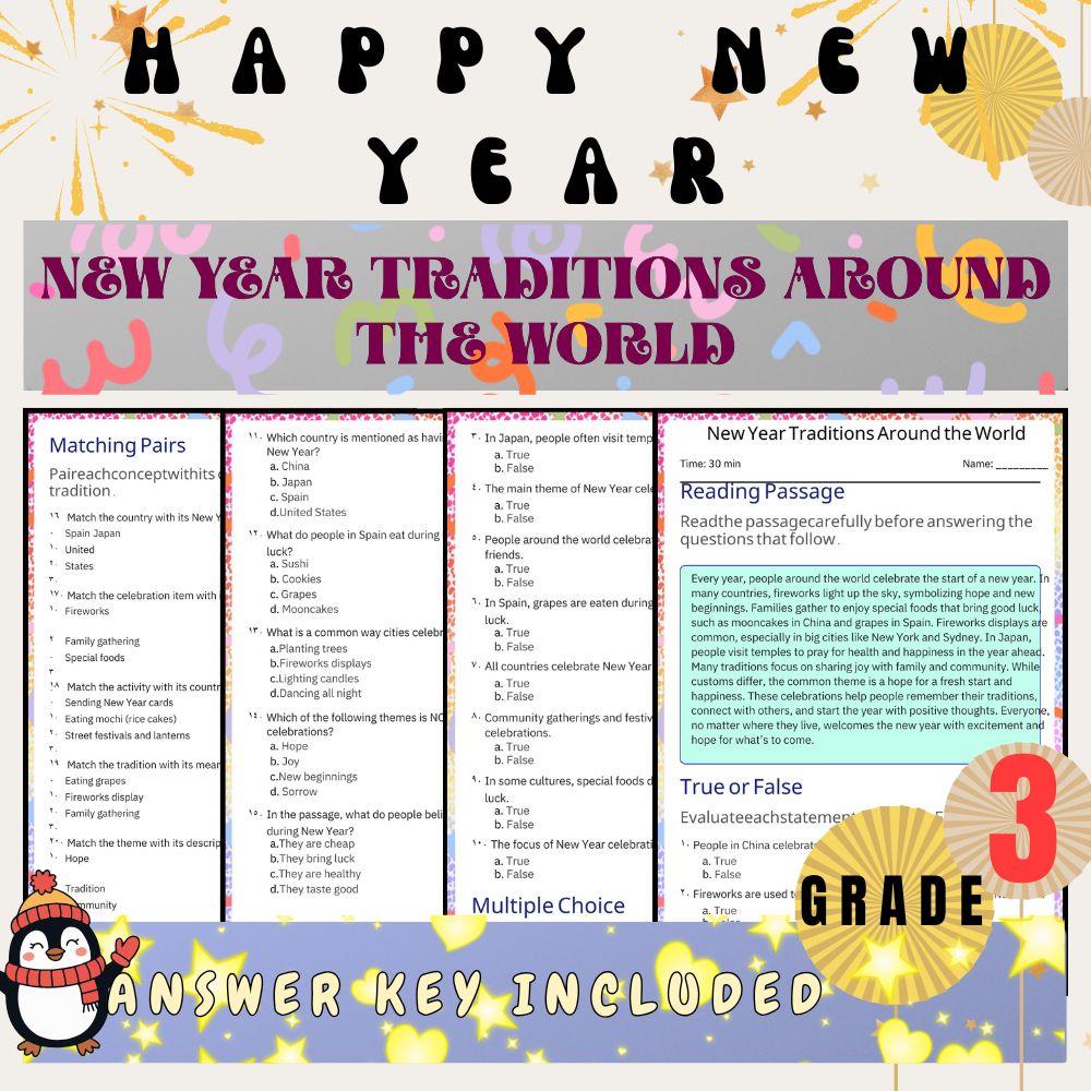 Grade 3 Seasonal|New Year Goals & Traditions Worksheets Bundle(PDF + Answer Key) — included worksheet 3
