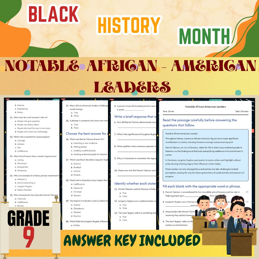 Grade 9 Seasonal |Notable African-American Leaders Worksheet| PDF + Answer Key