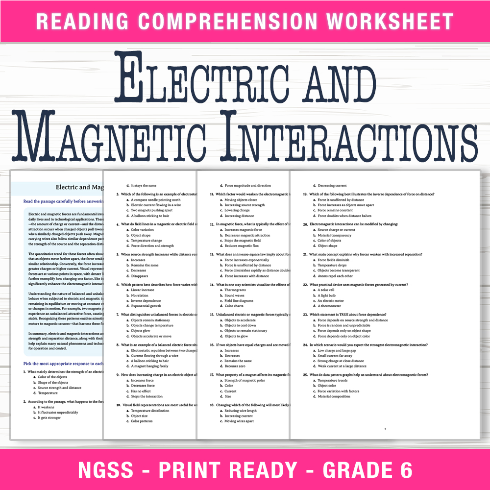 Grade 6 Science worksheet worksheet — 6th Grade Science – Electric and Magnetic Interactions (PDF + Answer Key) — page 1