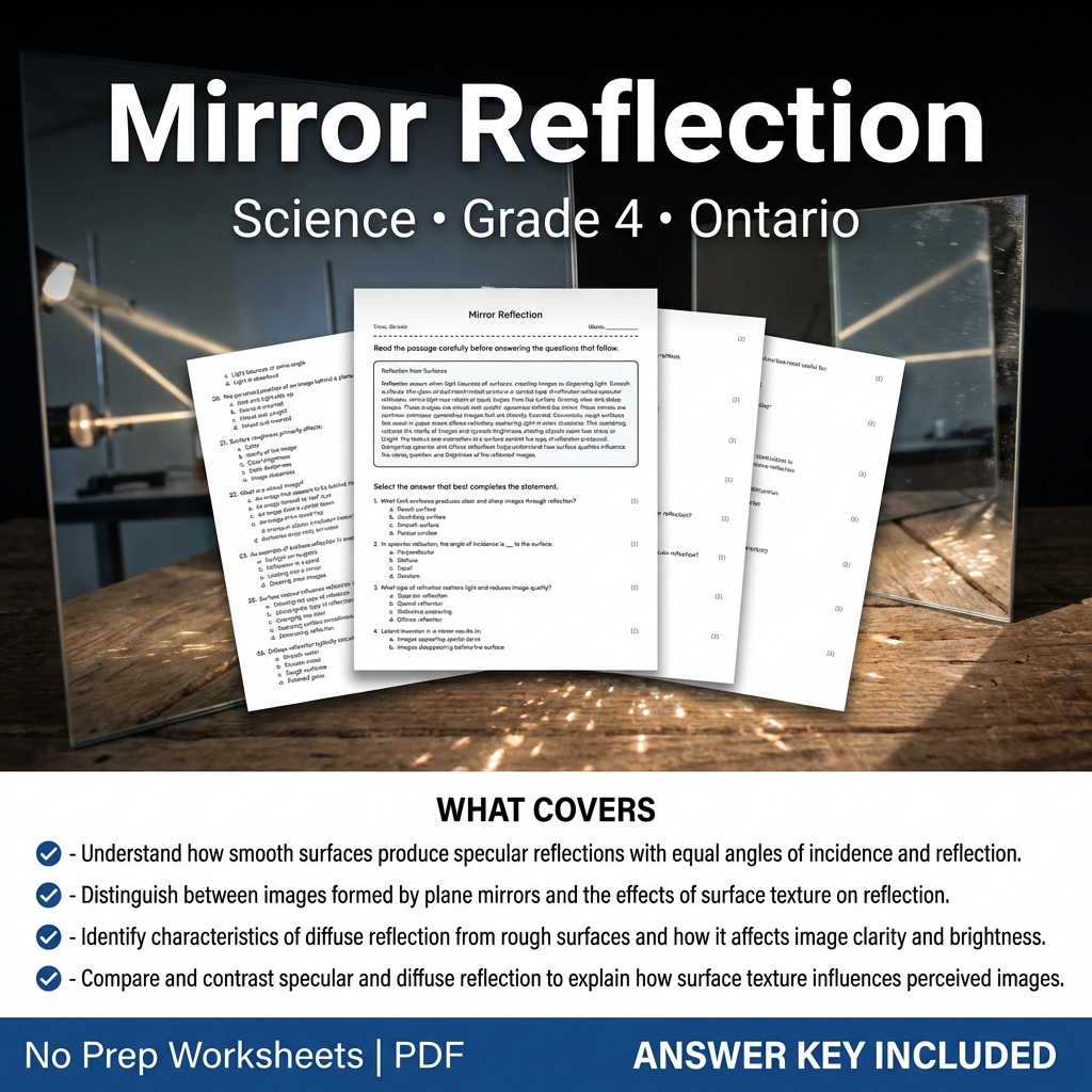Grade 4 Science Worksheet on Mirror Reflection | Ontario Standards