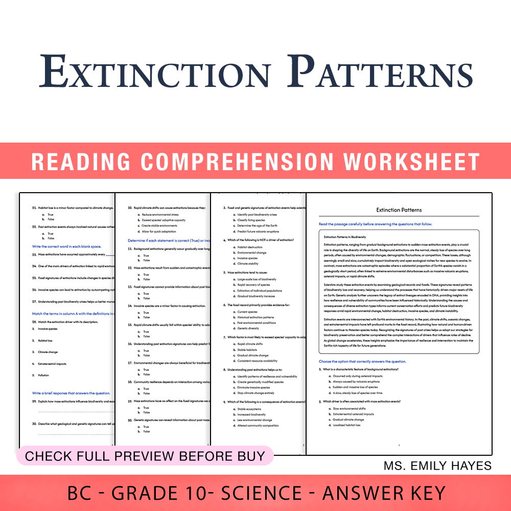 Grade 10 Science worksheet worksheet — Grade 10 Science | Extinction Patterns Worksheet (PDF+ Answer Key) — page 1