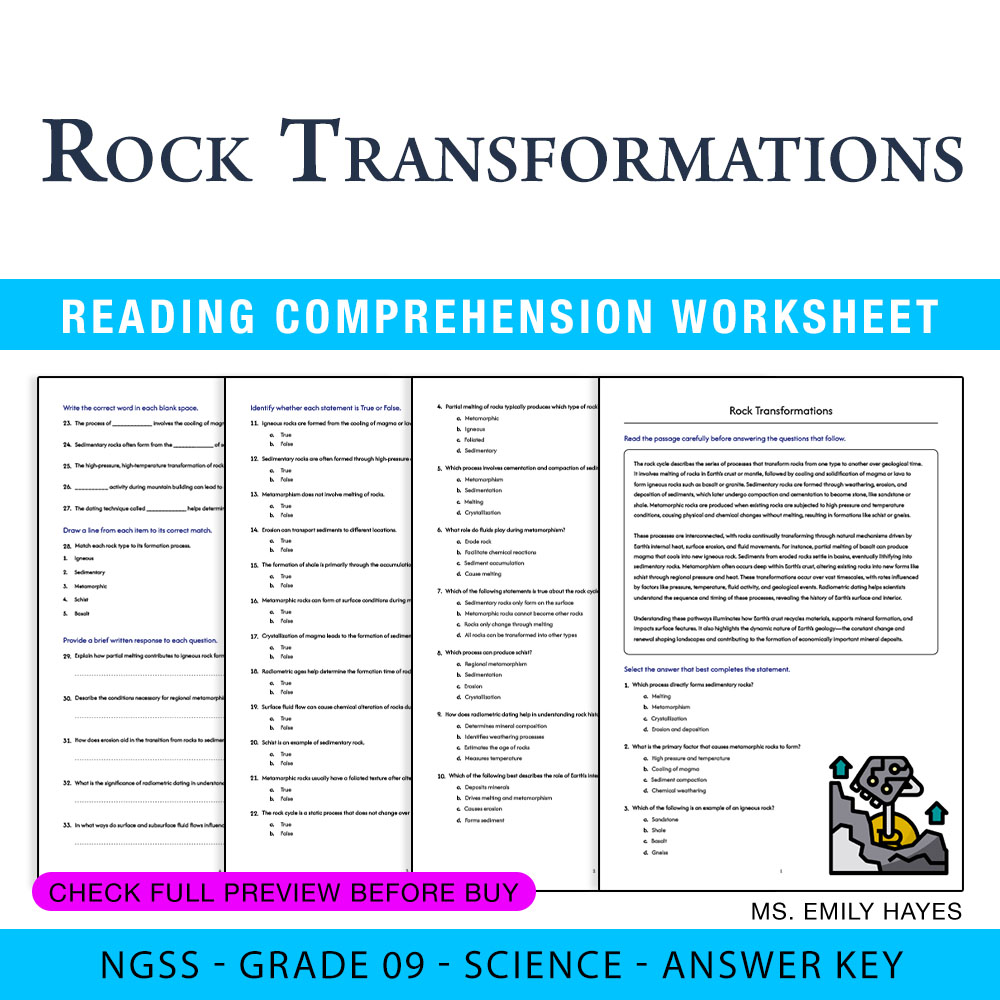 Grade 9 Science worksheet worksheet — 9th Grade Science | Rock Transformations Worksheet (PDF+ Answer Key) — page 1
