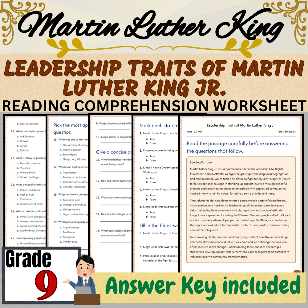 Grade 9 | Martin Luther King Jr. Leadership Traits Worksheet | PDF + Answer Key