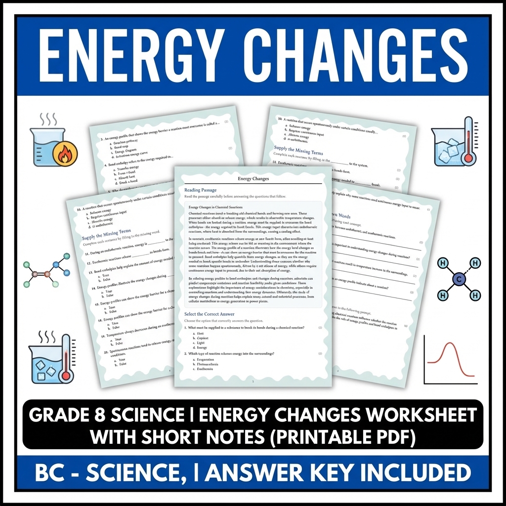 Grade 8 Science reading worksheets — Grade 8 Science | Energy Changes Reading Worksheet (PDF + Answer Key)