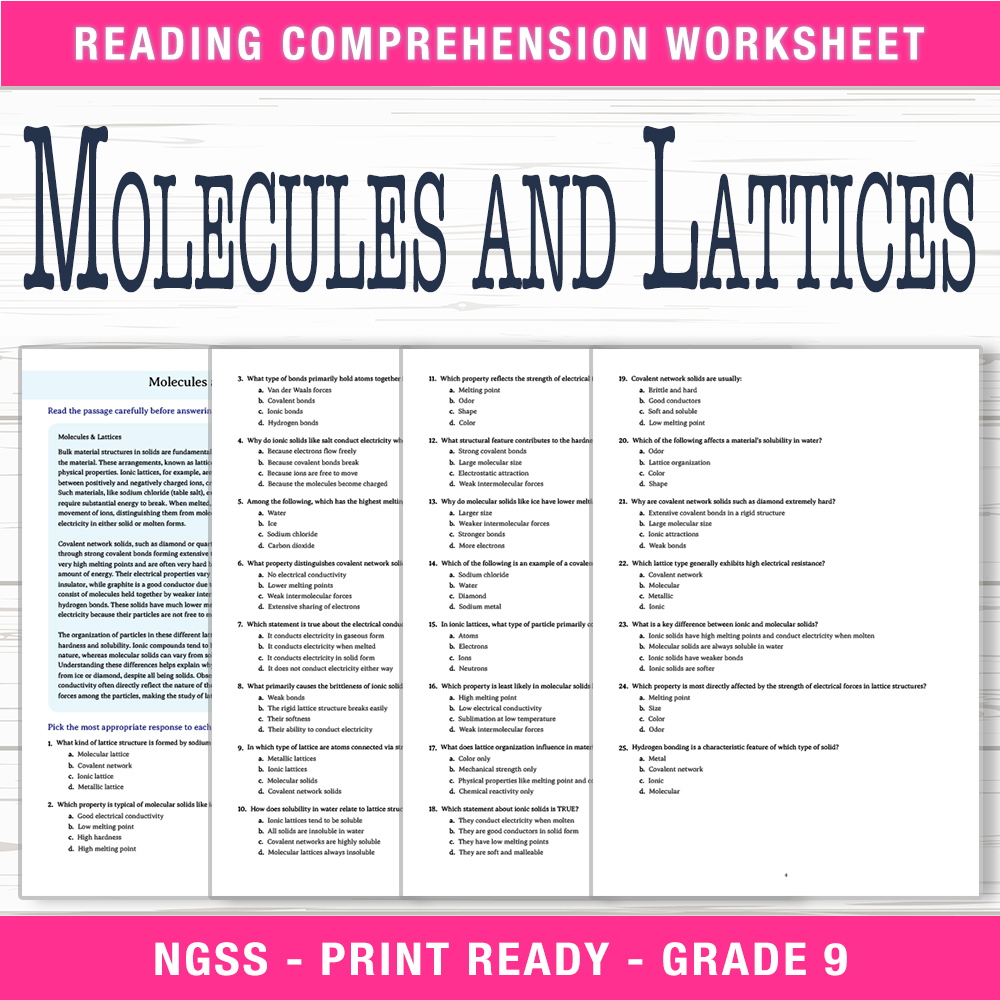 Grade 9 Science worksheet worksheet — Grade 9 Science | Molecules and Lattices Worksheet (PDF + Answer Key) — page 1
