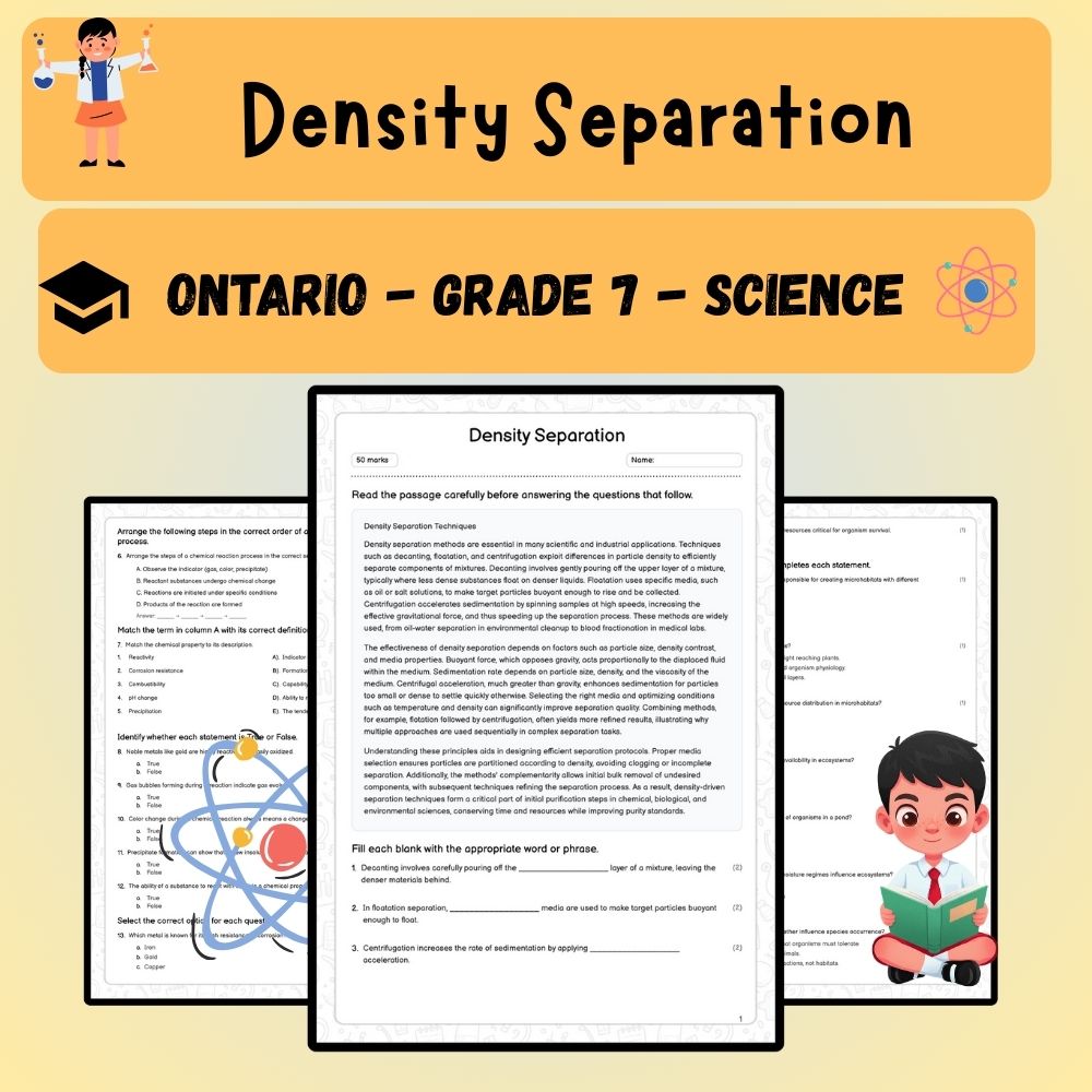 Grade 7 Science worksheet worksheet — Grade 7 Science | Density Separation Worksheet (PDF) – Ontario Standards — page 1
