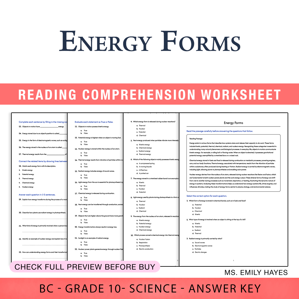 Grade 10 Science worksheet worksheet — Grade 10 Science | Energy Forms Worksheet (PDF + Answer Key) — page 1