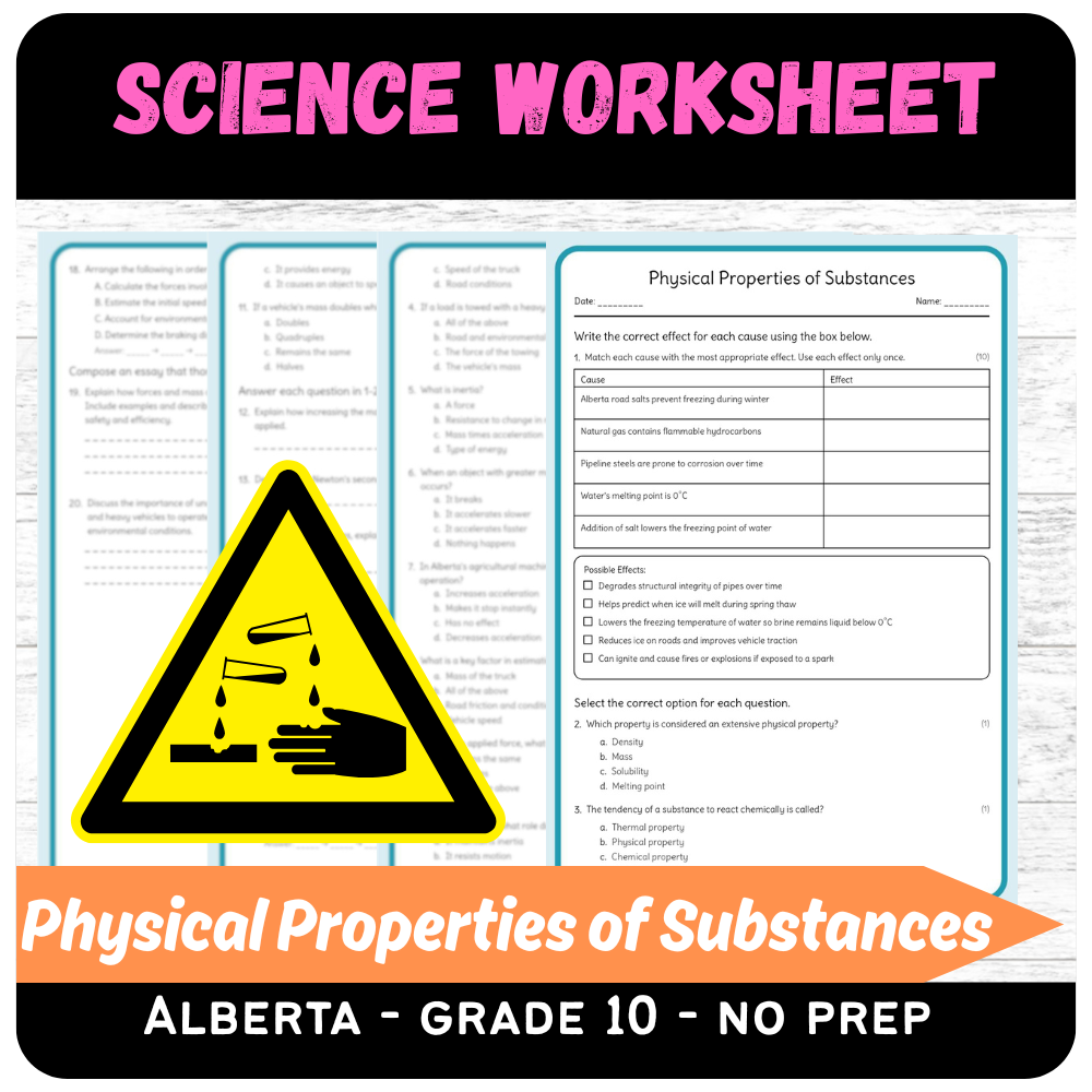 Grade 10 Science – Physical Properties of Substances Worksheet (PDF)