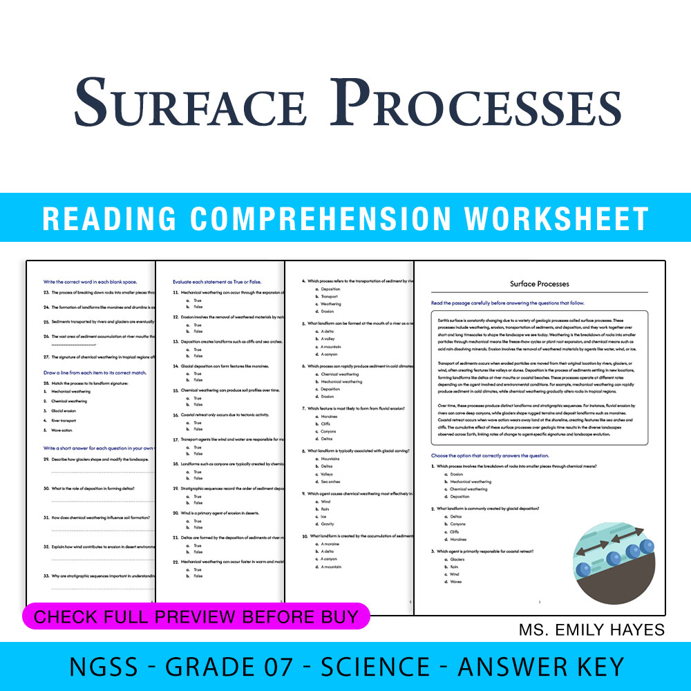 Grade 7 Science worksheet worksheet — 7th Grade Science | Surface Processes Worksheet (PDF+ Answer Key) — page 1