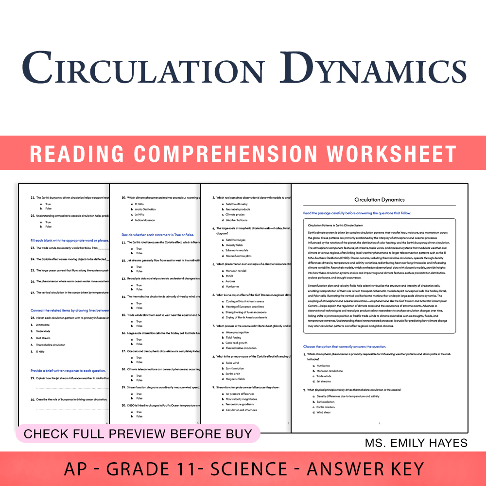 Grade 11 Science worksheet worksheet — 11th Grade Science | Circulation Dynamics Worksheet (PDF+ Answer Key) — page 1