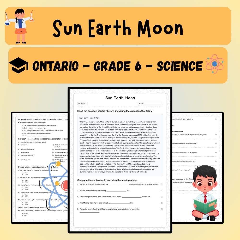 Grade 6 Science worksheet worksheet — 6th Grade Science | Sun, Earth & Moon Worksheet (PDF ) — page 1