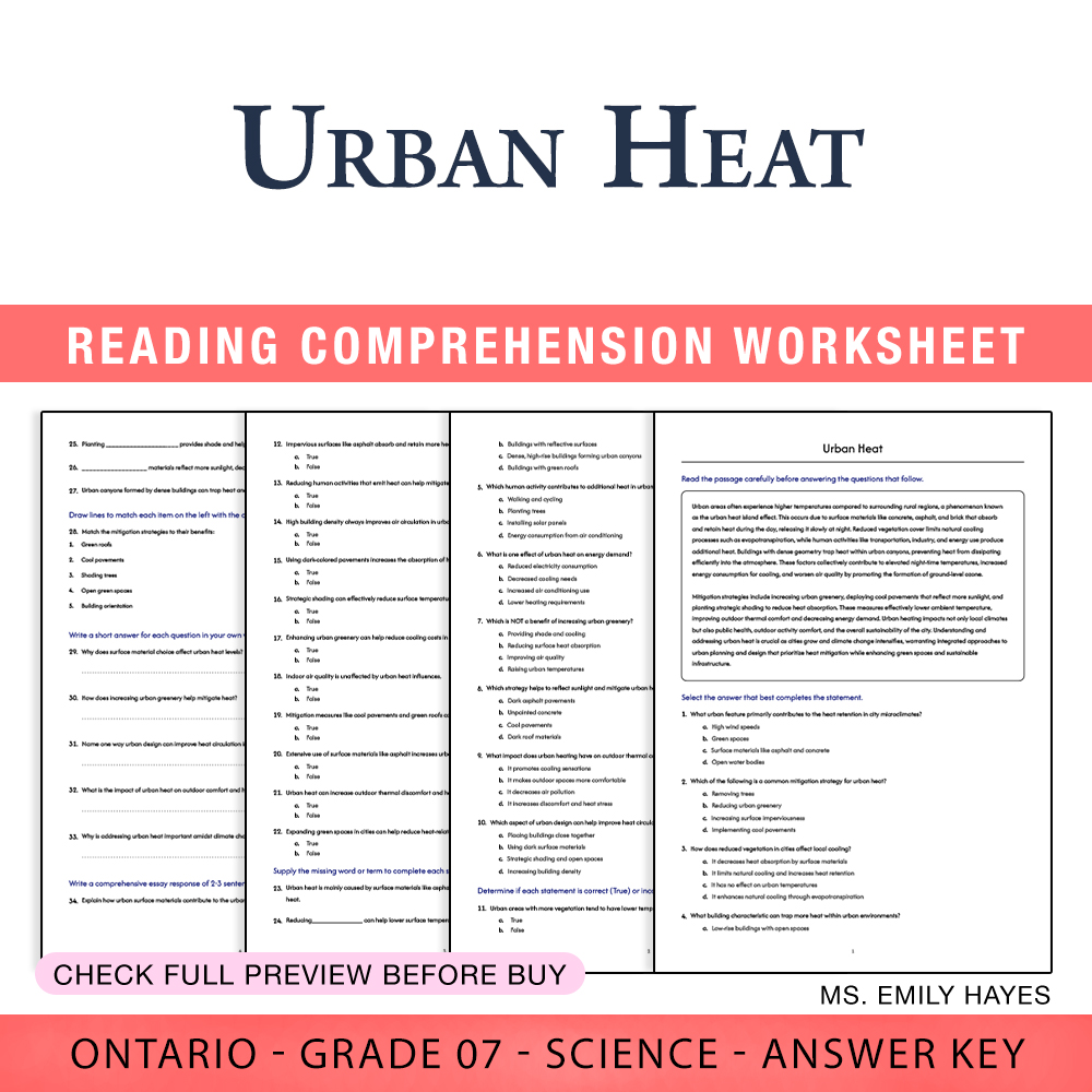 Grade 7 Science worksheet worksheet — Grade 7 Science | Urban Heat Phenomenon Worksheet (PDF+ Answer Key) — page 1