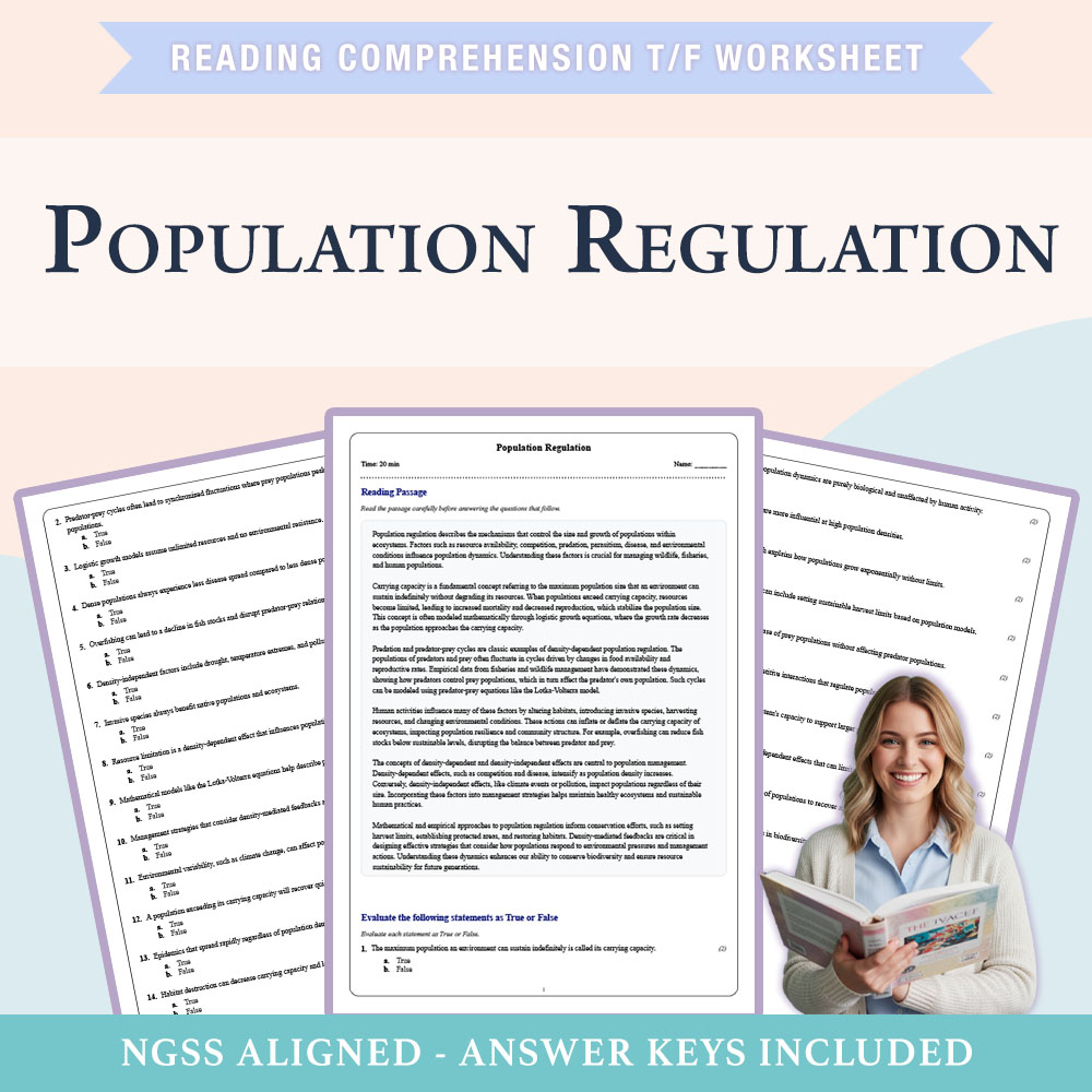 Grade 9 Science reading comprehensions true or false worksheet worksheet — Grade 9 Science | Population Regulation Workshe…