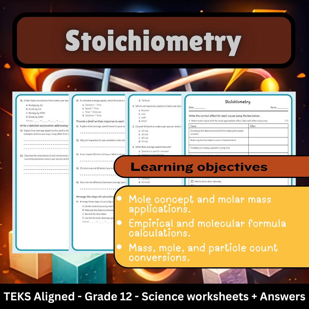 Grade 12 Science | Stoichiometry Calculations Worksheet (PDF) – TEKS Aligned