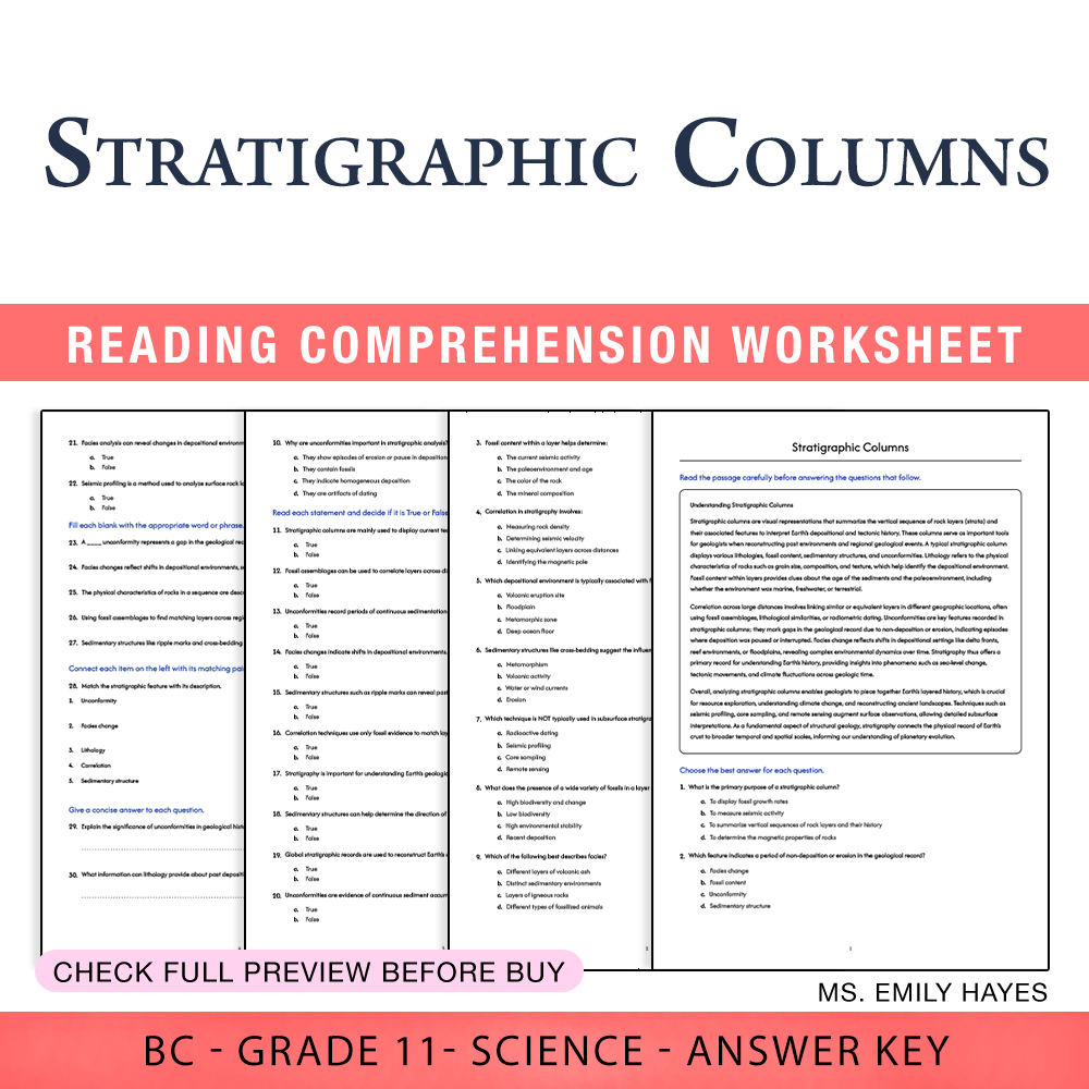 Grade 11 Science worksheet worksheet — Grade 11 Science | Stratigraphic Columns Worksheet (PDF + Answer Key) — page 1