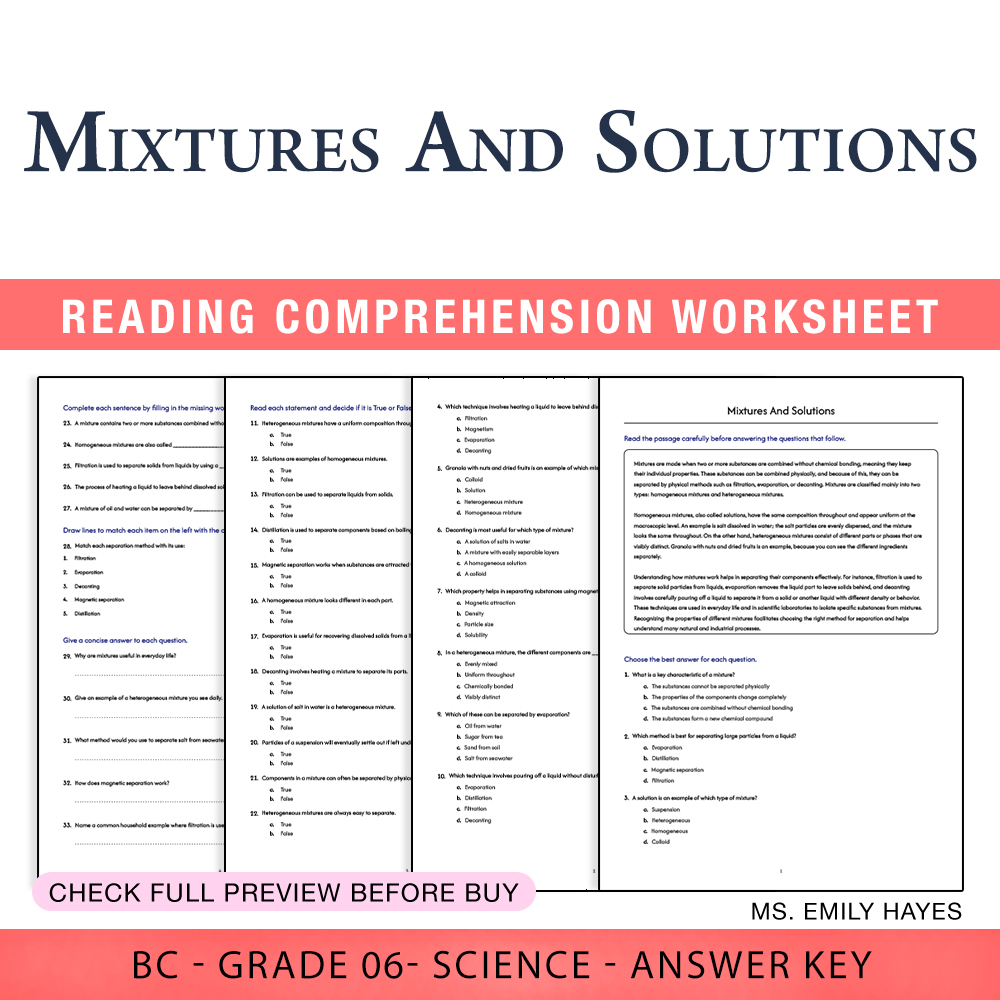 Grade 6 Science worksheet worksheet — 6th Grade Science | Mixtures And Solutions Worksheet (PDF+ Answer Key) — page 1