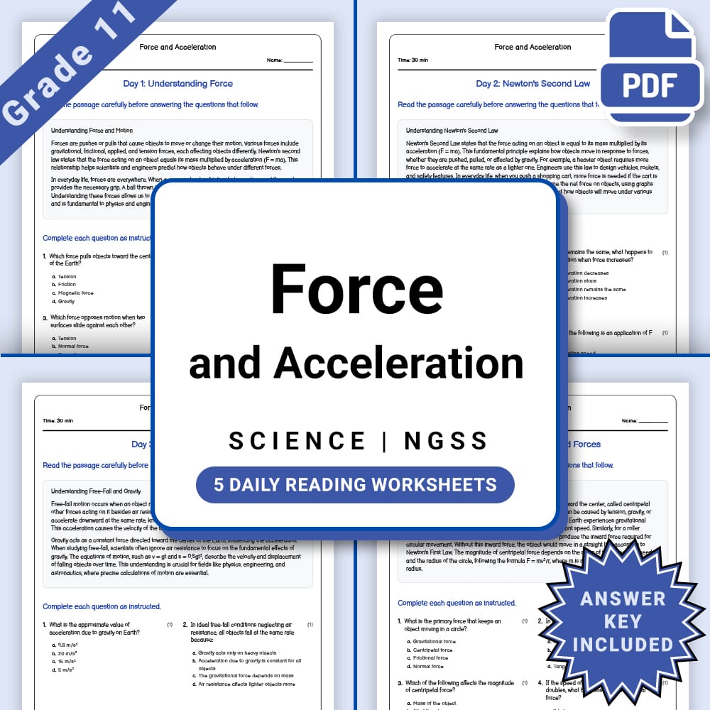 Grade 11 Science daily reading worksheet worksheet — Grade 11 Science – Force and Acceleration Worksheet (PDF +Answer Key)…