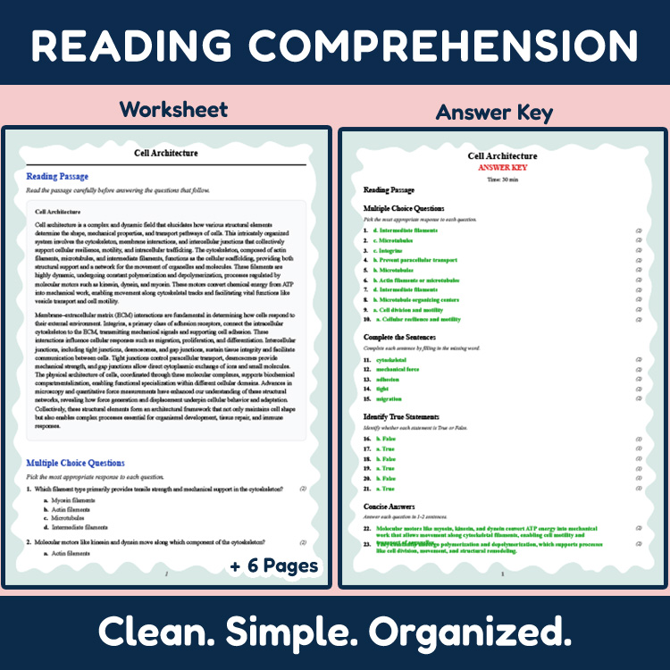 Grade 12 Science reading worksheets worksheet — Grade 12 Science | Cell Architecture Reading Worksheets (PDF + Rubric) — p…