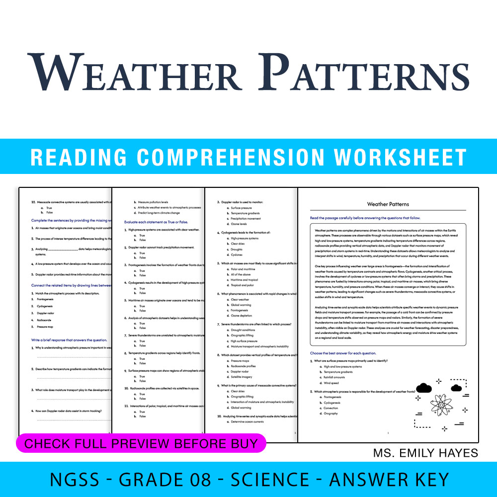 Grade 8 Science worksheet worksheet — Grade 8 Science | Weather Patterns Worksheet (PDF + Answer Key) — page 1