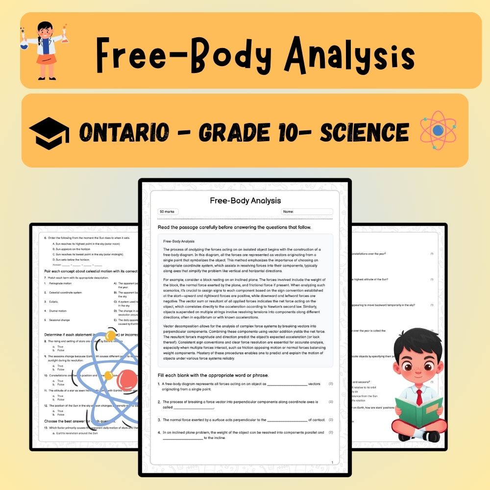 Grade 10 Science worksheet worksheet — Grade 10 Science | Free-Body Analysis Worksheet (PDF) – Ontario Standards — page 1