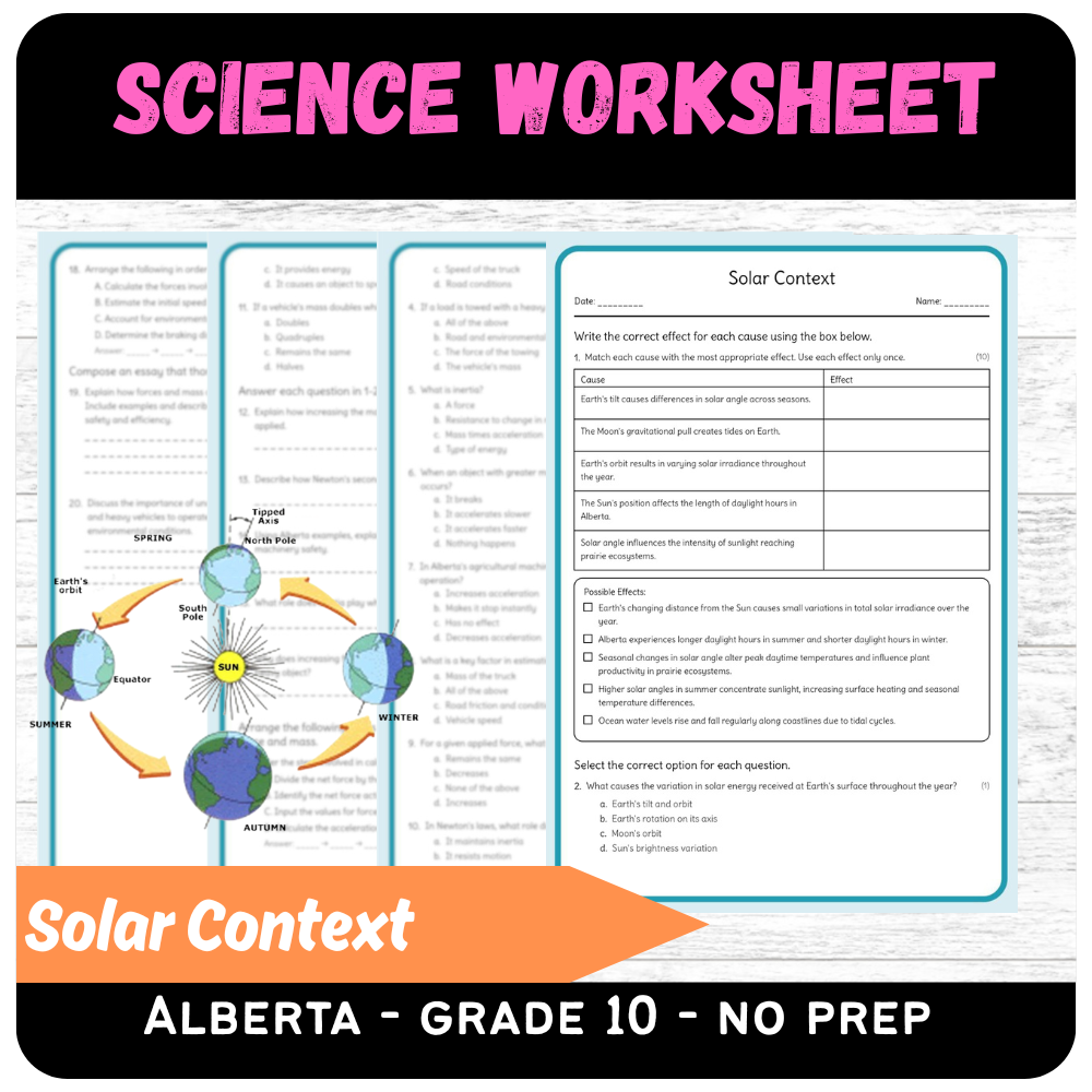 Grade 10 Science – Solar Context (Worksheet + Answer Key) – Alberta Standards